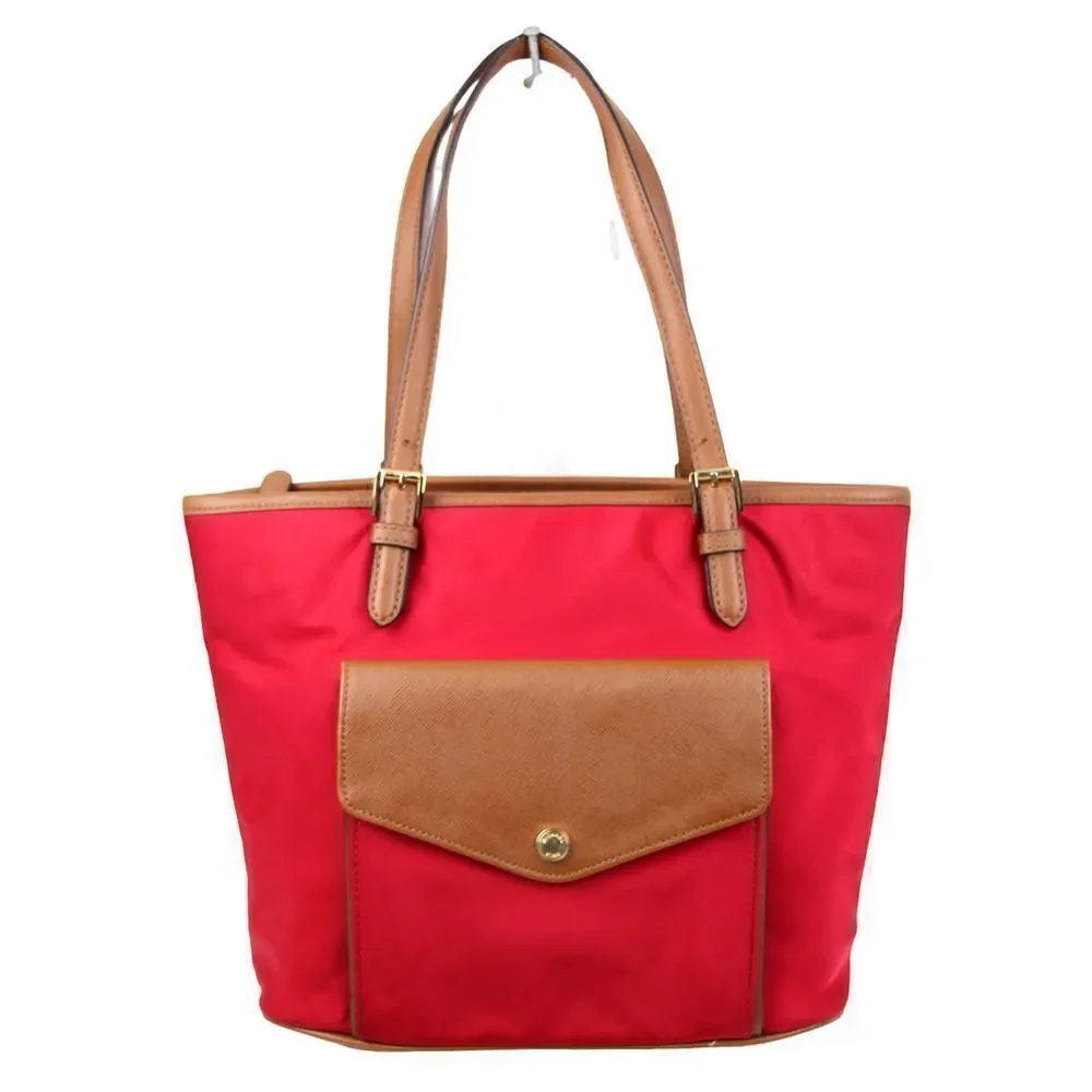 MICHAEL KORS RED NYLON CANVAS TAN BROWN GENUINE LEATHER TRIM TOTE SHOULDER BAG
